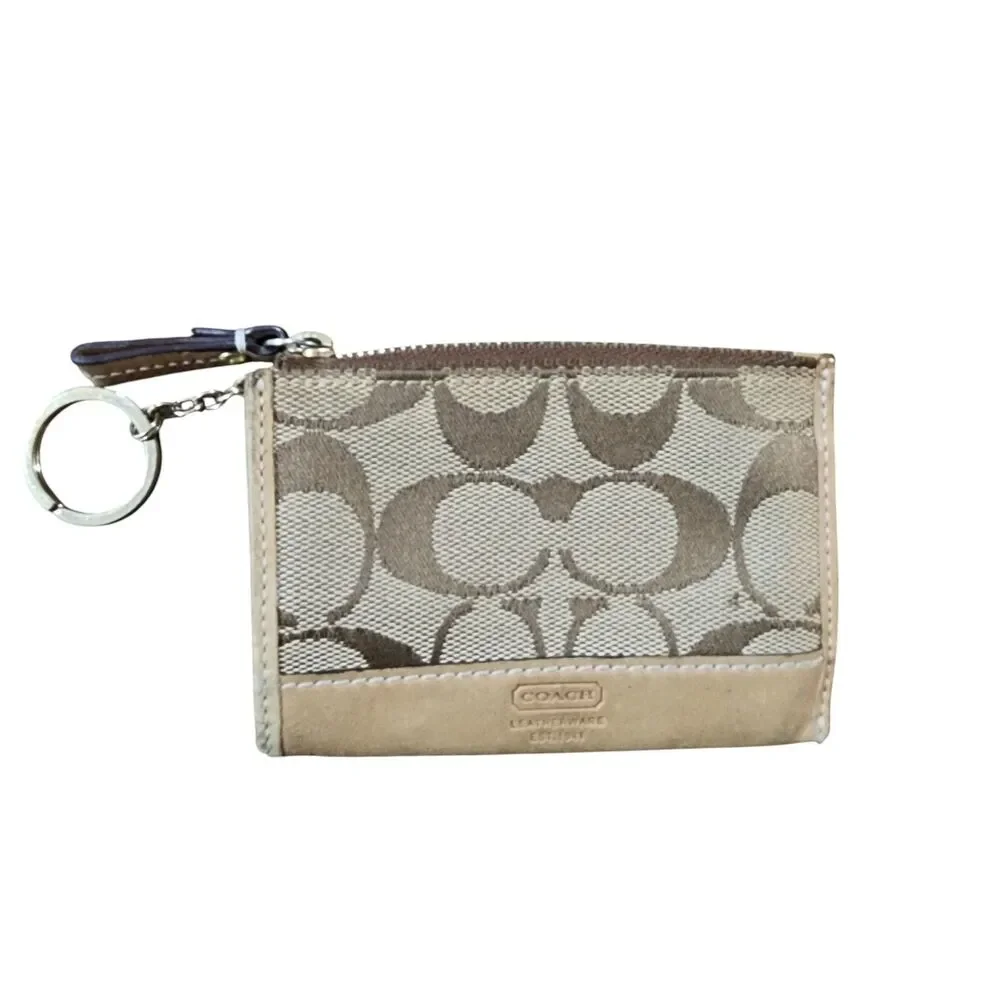 Coach Signature Canvas Coin‎ Purse Wallet Zip Pouch Key Ring Tan Brown